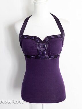 Mustard Seed Y2K Purple Beaded Halter Top L Stretch Fairycore Festival Going Out